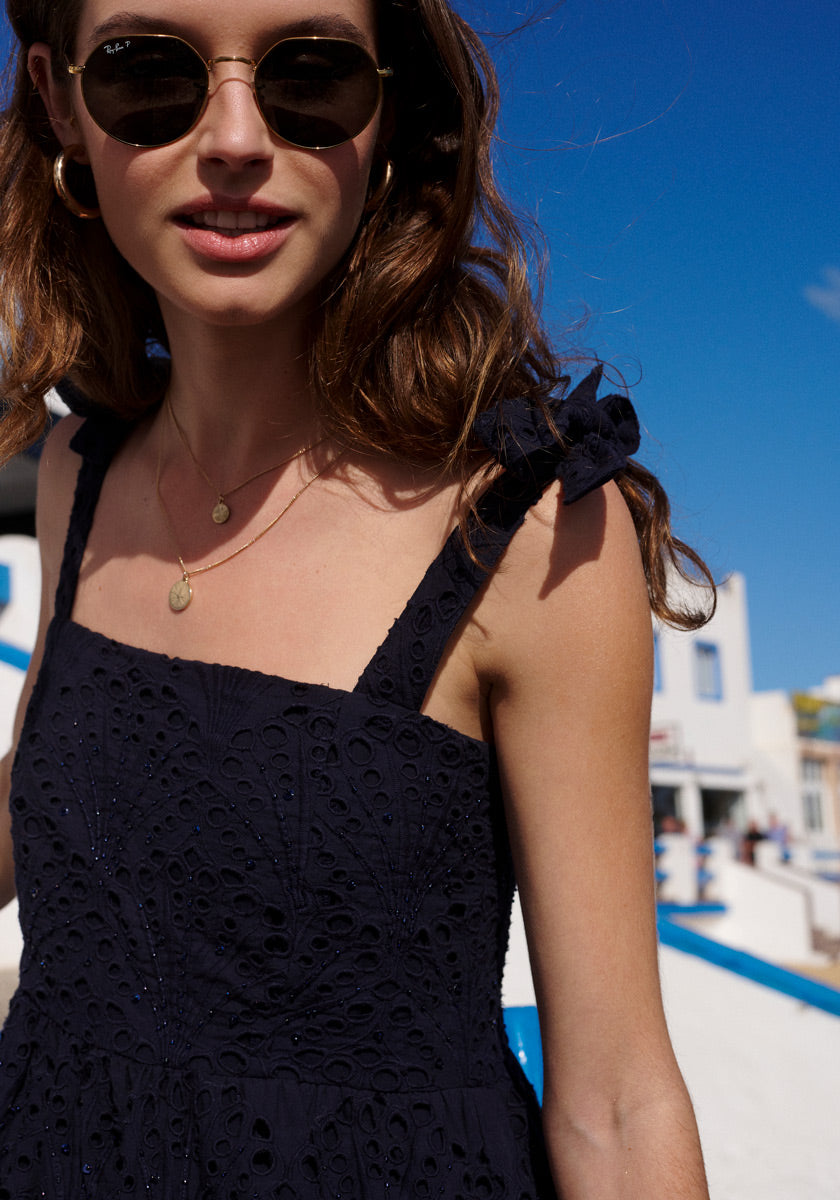 strap dress with perforated pattern