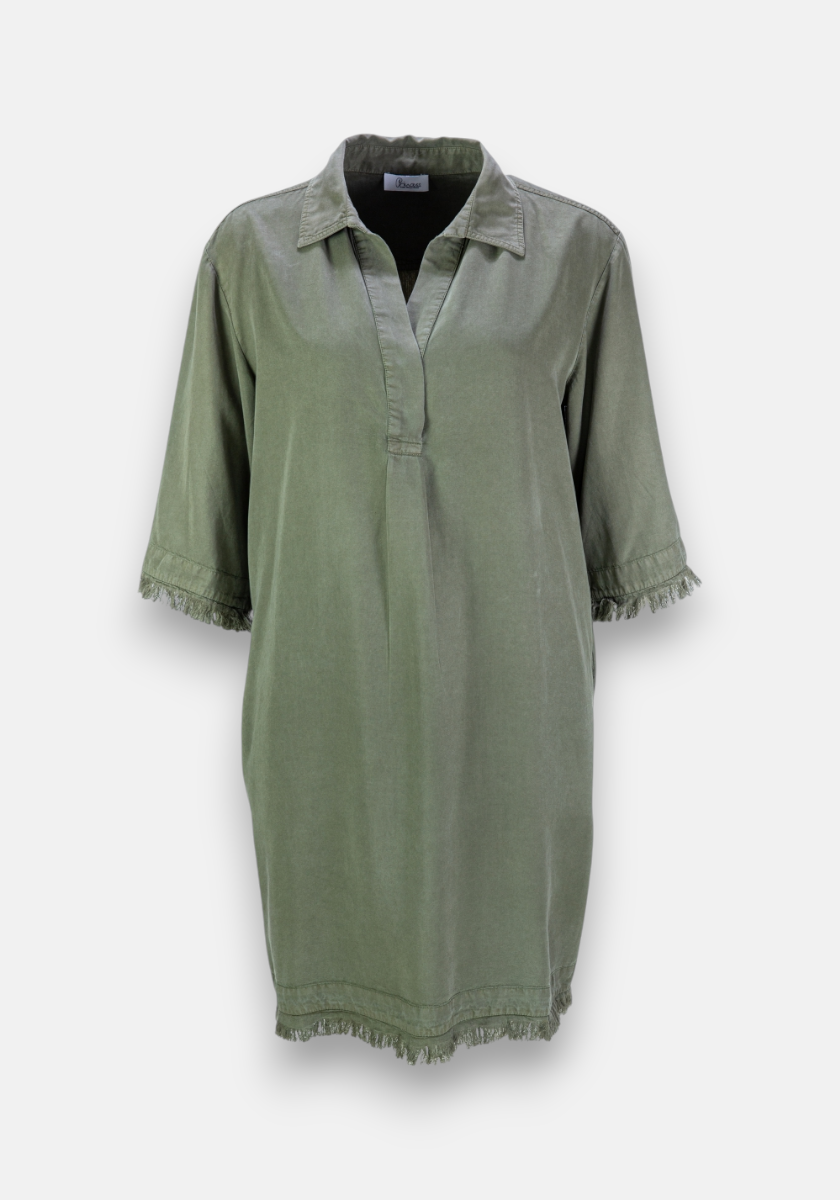 A loose-fitting, knee-length olive green dress by Princess Goes Hollywood features a shirt collar, V-neck, half sleeves, and frayed edges on cuffs and hem. Made from soft Lyocell and shown against a plain white background.