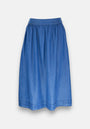 The Blauer Lyocell Rock by Princess Goes Hollywood is a knee-length, blue denim skirt with a gathered elastic waistband and A-line silhouette. Made from soft Lyocell, it features a plain hem with no visible buttons, zippers, or pockets. Plain white background.