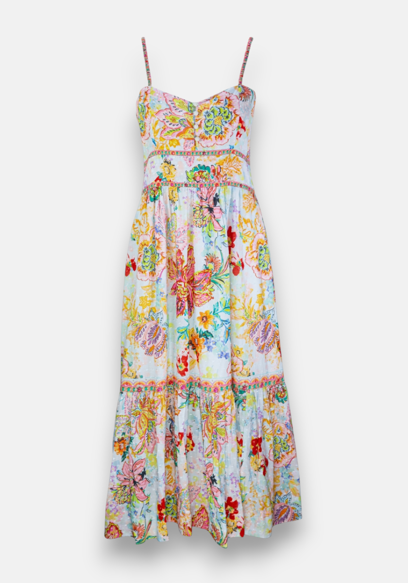 The Florales Trägerkleid aus Baumwolle von Princess Goes Hollywood ist ein ärmelloses, langes Kleid mit schmalen Trägern, farbenfrohem Blumenprint und luftigen Stufen – perfekt für einen sommerlichen Look.