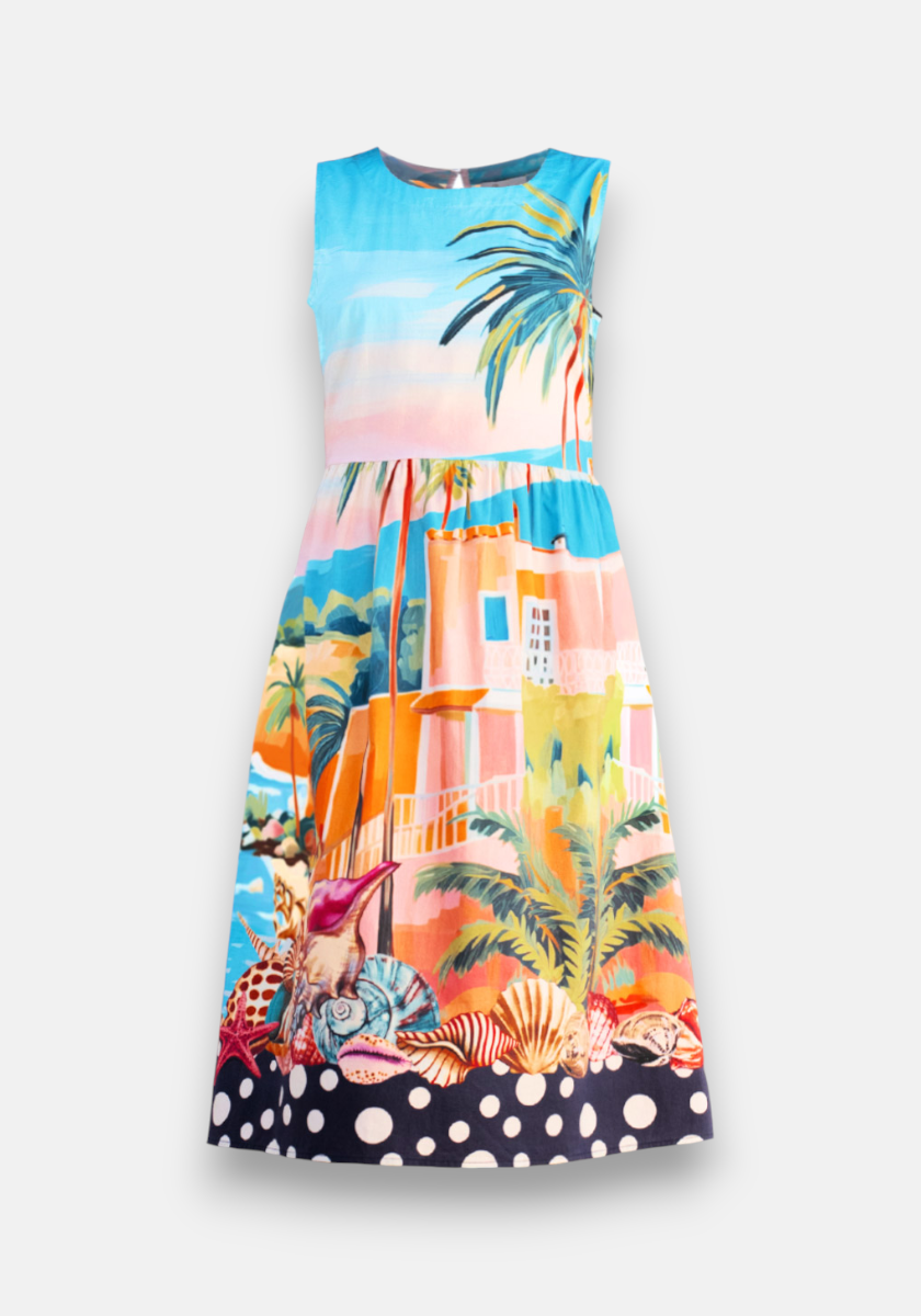 Das ärmellose Kleid Miami von Princess Goes Hollywood begeistert mit Rundhalsausschnitt, farbenfrohem Palmen-Print und Saum mit weißen Punkten und Muscheln auf Navy – ein knielanges Sommer-Highlight.