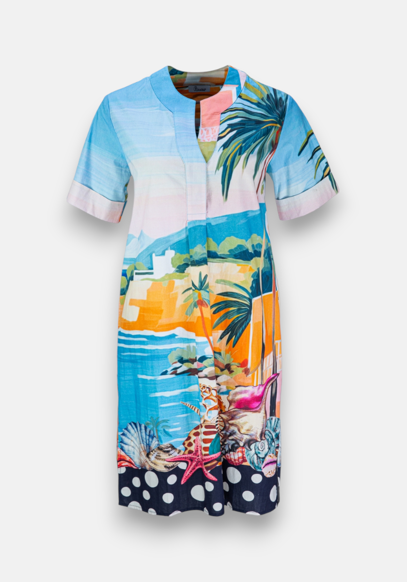 The Kleid Miami by Princess Goes Hollywood is a short-sleeved, knee-length dress with a vivid Miami print of palm trees, mountains, and starfish. Made from soft Baumwolle, it has a collarless neckline and a blue, pink, orange, and white polka dot hem.