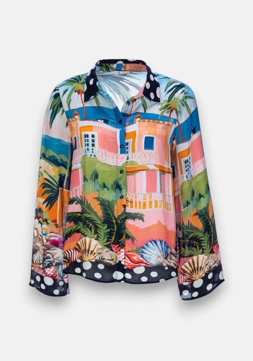 The Bluse Miami by Princess Goes Hollywood features vibrant long wide sleeves, a colorful Miami print with palm trees, seashells, and a pastel villa, plus black collar and cuffs with bold white polka dots for a relaxed fit.
