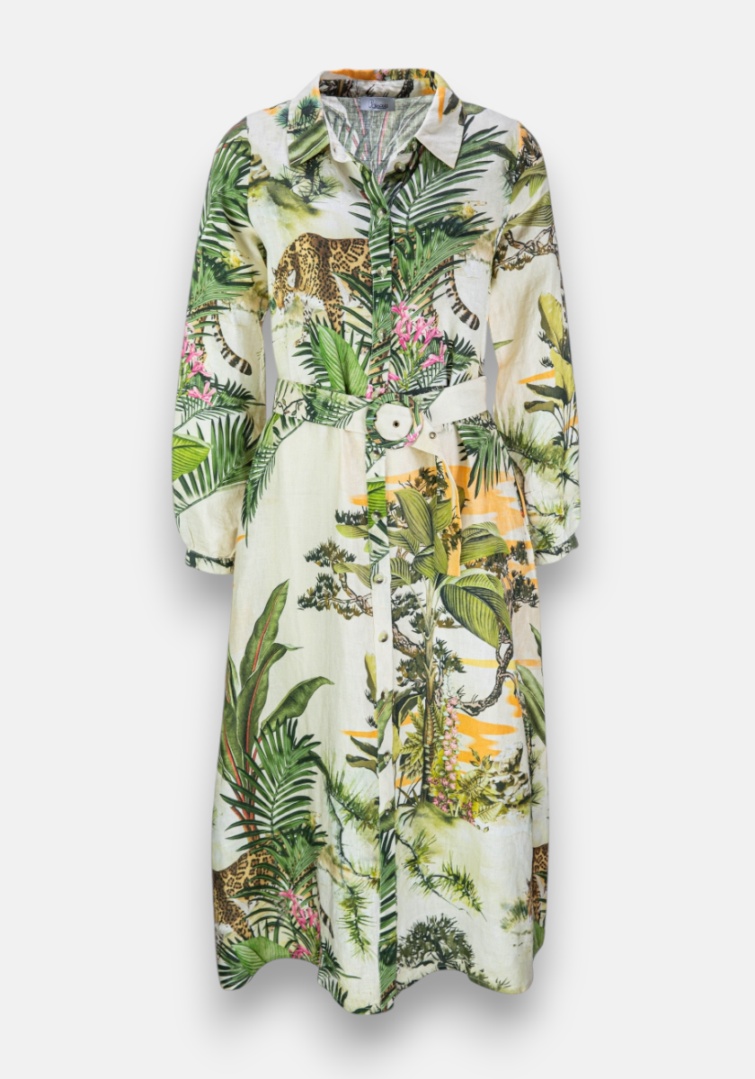 The Midi Leinenkleid Safari by Princess Goes Hollywood is a long-sleeve, button-down dress with a collar and belt, featuring green leaves, pink flowers, and leopards on white Leinen fabric.