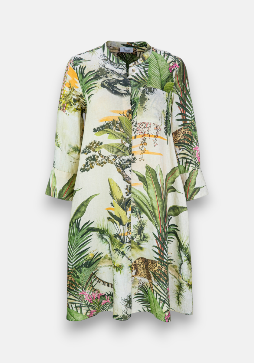 The Leinenkleid Safari by Princess Goes Hollywood is a knee-length, long-sleeved dress with a white base, safari-print of green leaves and leopards. Made from light linen, it has a band collar, button-down front, and flared sleeves.