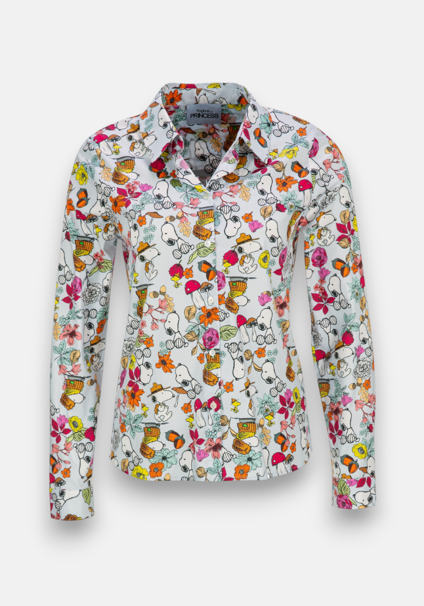 The Hemdbluse Fall Snoopy by Frogbox by Princess is a long-sleeve, collared button-up shirt in Baumwollmischung with a lively white print of colorful flowers, bees, and honey pots in orange, yellow, pink, red, and green.