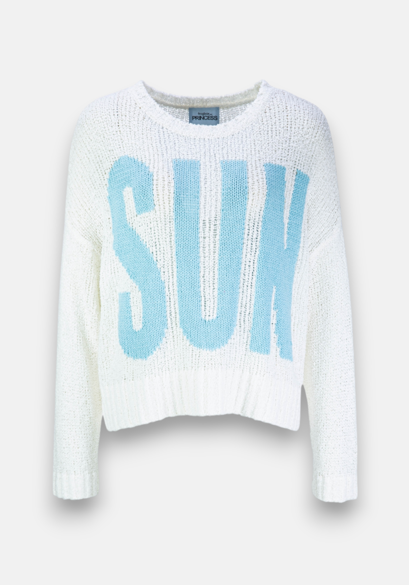 The Pullover Sun by Frogbox by Princess is a white cotton-cashmere blend sweater with loose stitching, a light blue SUN logo across the front, a round neckline, and a slightly cropped hem for casual elegance.