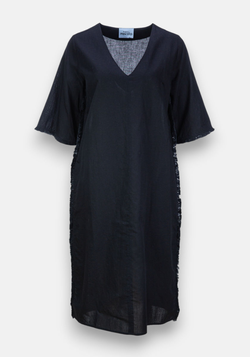 Schwarzes Leinenkleid mit Fransen