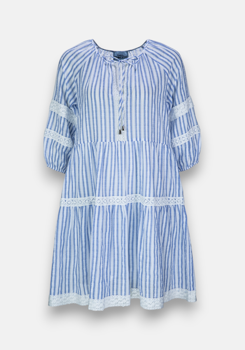 The Frogbox by Princess knee-length, loose-fit cotton dress features blue and white stripes, three-quarter sleeves, white lace trim, a round neckline with tie closure, and a tiered flowy silhouette.