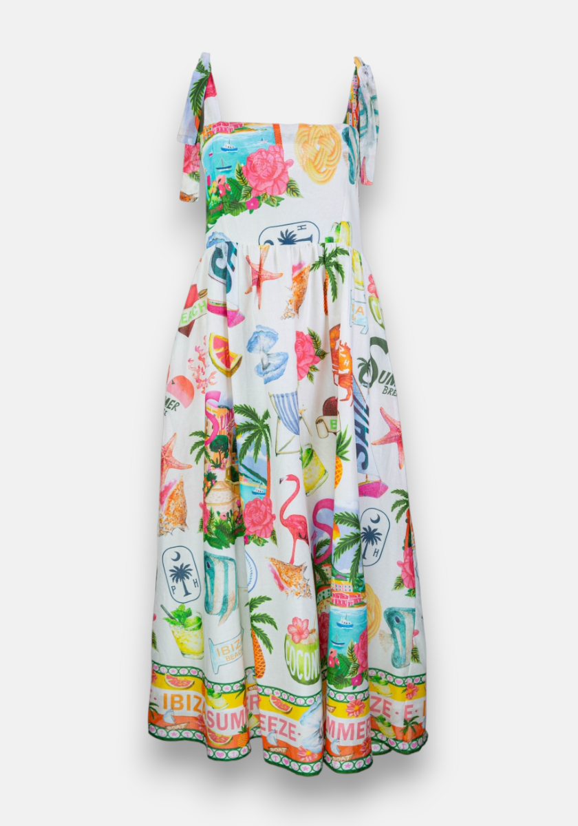 The Frogbox by Princess Midi Trägerkleid Summer Breeze is a sleeveless, ankle-length white dress with shoulder bows and a lively flamingo, palm tree, and cocktail print—perfect for an Ibiza-inspired summer look.