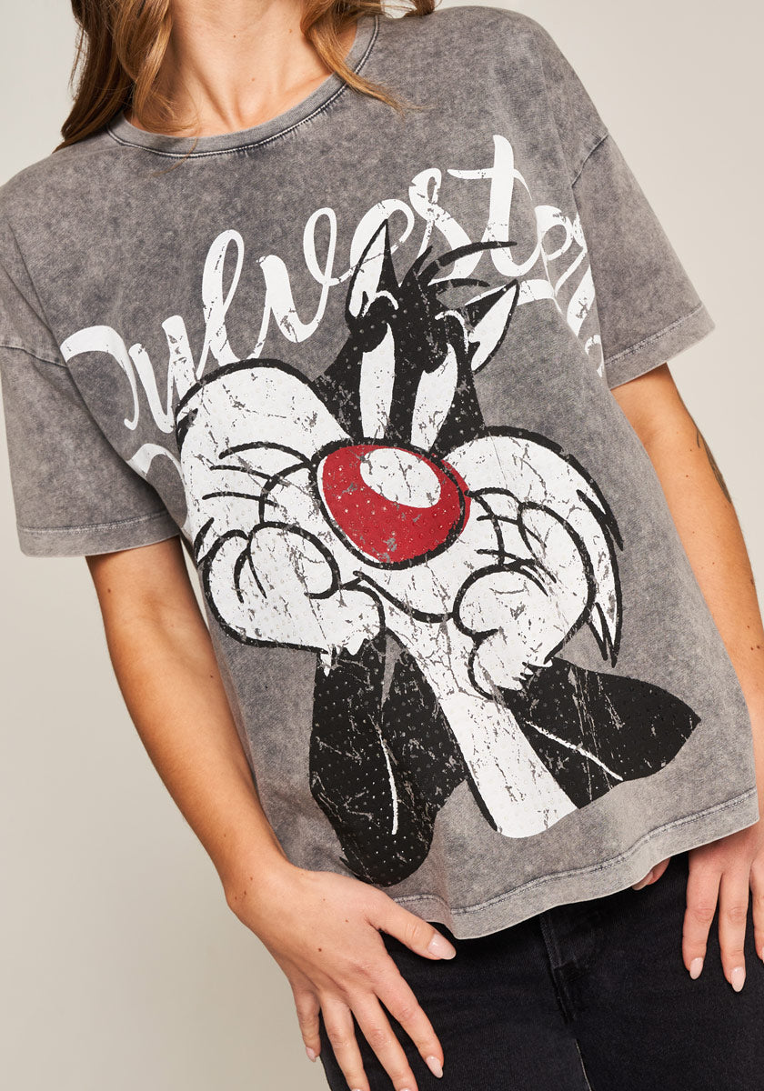 Wearing a faded gray Frogbox by Princess Sylvester-Print Baumwolle T-Shirt, featuring a large distressed Looney Tunes Sylvester image and “Sylvester” in white script above. The person’s head is cropped out of the photo.