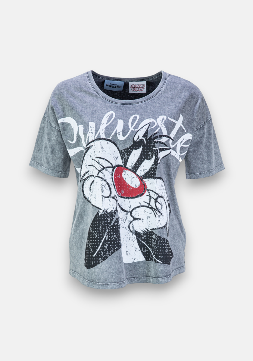 A gray, short-sleeved Frogbox by Princess T-shirt aus Baumwolle with a large distressed Sylvester the Cat graphic, red nose, and Sylvester in white script above.