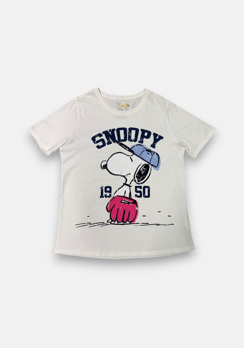 Princess Goes Hollywood white short-sleeve t-shirt with Snoopy Baseball Print—Snoopy in a blue cap and red glove, SNOOPY text above, “19” and “50” below. Celebrates Peanuts 75th Anniversary on a plain light gray background.