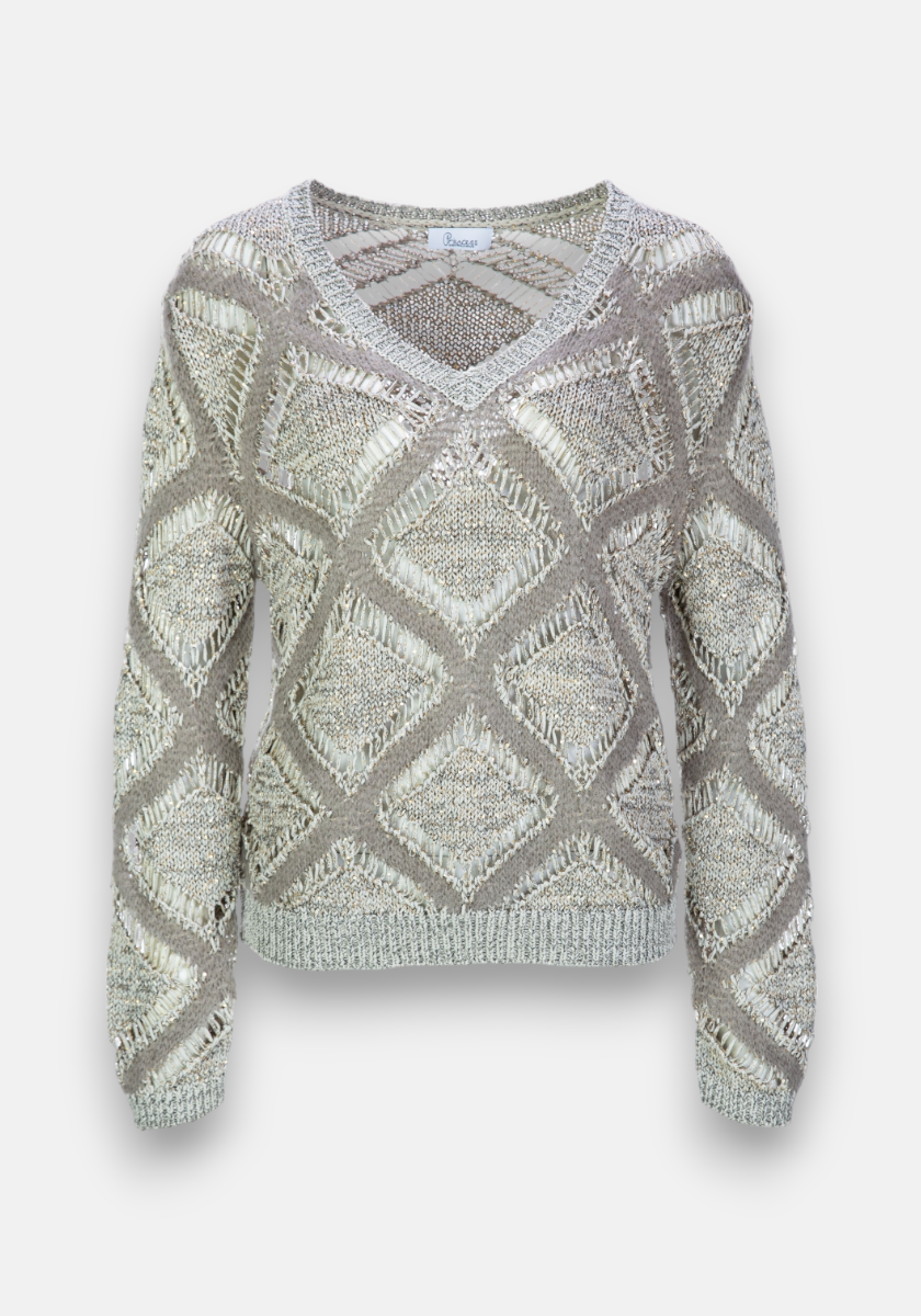 A light gray Princess Goes Hollywood Strickpullover with a V-neckline, long sleeves, and an allover Lochstrick Rautenmuster. Features ribbed cuffs and hem, a slightly loose fit, shown against a white background.