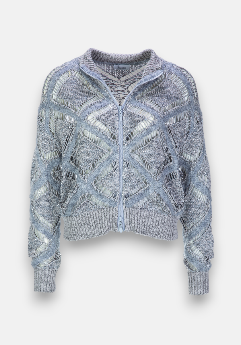 A light blue, long-sleeved Strickjacke by Princess Goes Hollywood with a zip front and ribbed cuffs and hem. The Lochstrick crisscross pattern adds a textured, see-through effect for visual appeal.