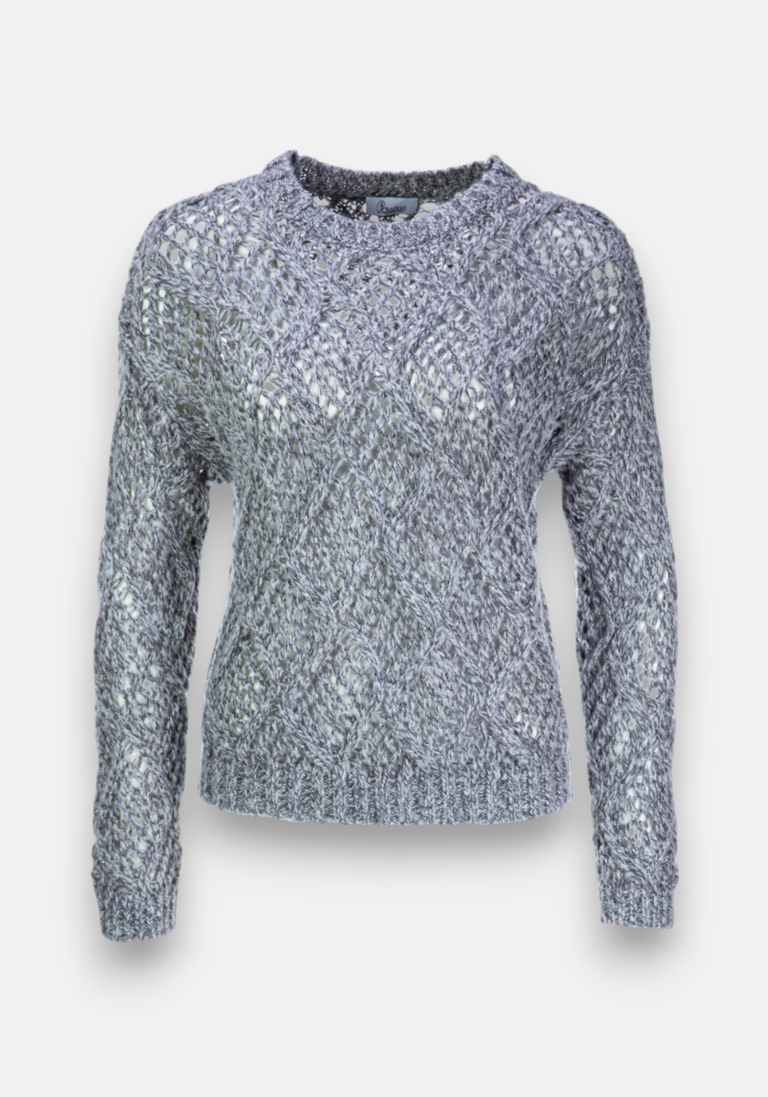 A light gray, long-sleeved Princess Goes Hollywood Merino-Kaschmir-Mix sweater features a chunky cable-knit pattern, round neckline, and cozy textured look. Shown on a plain white background, it appears soft and warm.