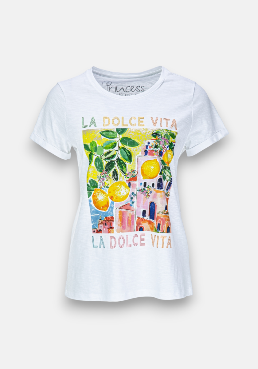 The T-Shirt La Dolce Vita by Princess Goes Hollywood features a vibrant lemon and Mediterranean print with bold LA DOLCE VITA lettering, plus the Princess Collection label on the inner collar.