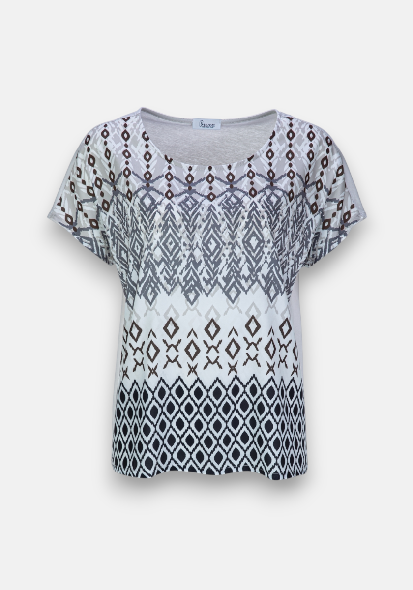 The Princess Goes Hollywood short-sleeved, scoop-neck T-shirt in a cotton-modal mix features a lightweight feel and geometric black and brown diamond, X, and zigzag prints that create a gradient from neckline to hem.