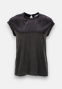 A short-sleeved, loose-fit black Seidenbluse from Princess Goes Hollywood with stretch, subtle sheen, round neckline, small back button closure, and smooth minimalist design without visible patterns or embellishments.