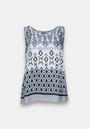 Princess Goes Hollywood sleeveless blouse with a loose fit, geometric black and brown print on white, round neckline, straight hem, and lightweight fabric with silk blend for a subtle shine.
