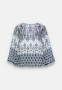 Loose-fitting long-sleeve blouse by Princess Goes Hollywood with a round neckline. Features a black and dark brown geometric print on white, including diamonds and crosses. Silk blend adds elegance.