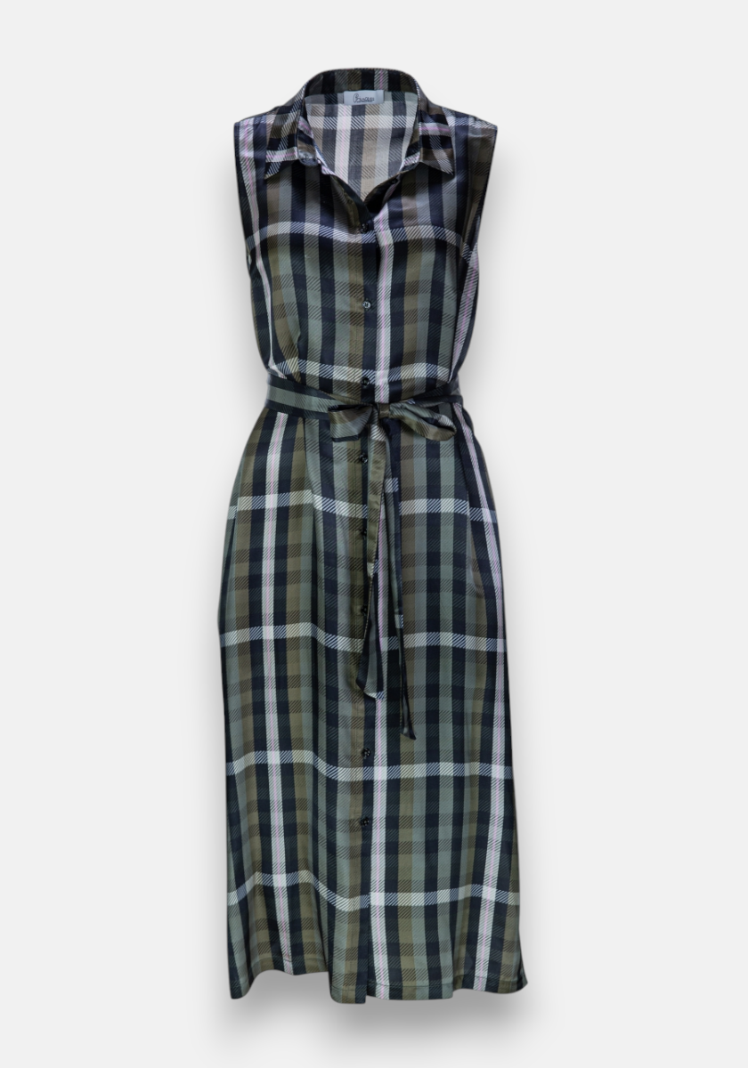 Princess Goes Hollywood sleeveless midikleid with Hemdkragen, button-down front, and waist tie. Features a black, white, olive green, and gray Karoprint. The lightweight fabric and slightly flared long skirt offer comfort.