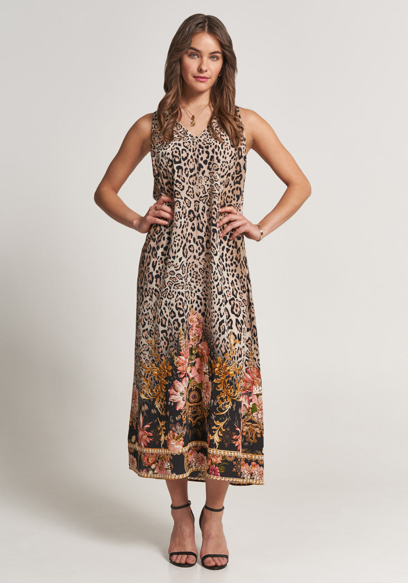 Robe longue en soie à imprimé léopard fleuri