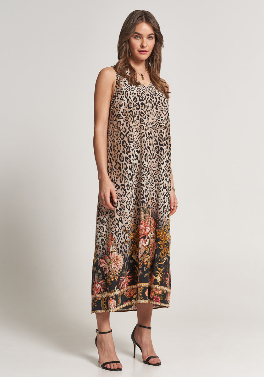 Robe longue en soie à imprimé léopard fleuri