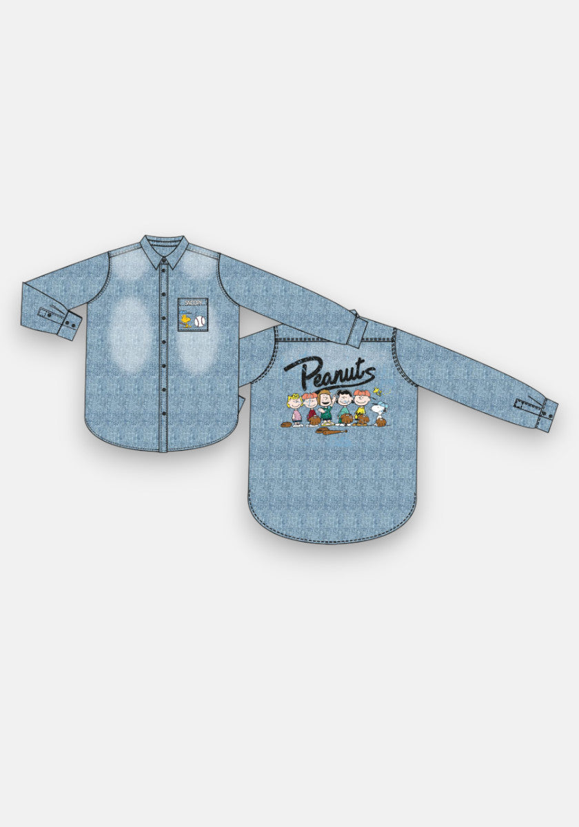 Light blue denim button-up shirt by Princess Goes Hollywood shown front and back. Celebrating Peanuts 75th Anniversary with a chest pocket Snoopy-Spirit patch and colorful embroidered Peanuts characters below the back logo.