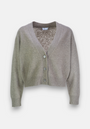 A light gray, long-sleeve Strickjacke by Princess Goes Hollywood with a deep V-Ausschnitt, three large front buttons, ribbed hem and cuffs, and soft knitted fabric with cozy Wolleanteil. Shown on a plain white background.