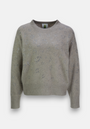 A light gray Strickpullover by Princess Goes Hollywood with a crew neckline, ribbed hem and cuffs, crafted with Wolleanteil. Features small silver sequins (Strassverzierung) in an abstract pattern on a plain white background.