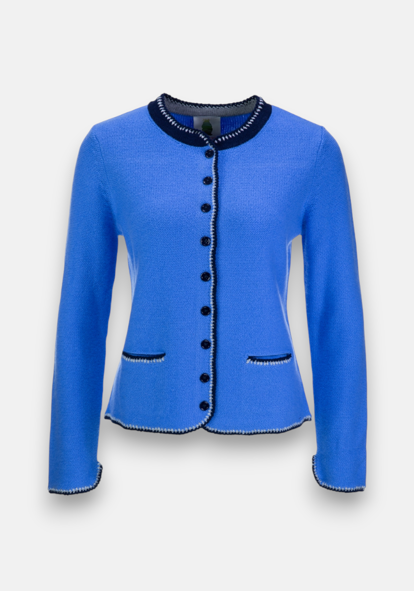 A blue, long-sleeve Strickjacke by Princess Goes Hollywood with dark navy trim on the neckline, placket, pockets, and cuffs. Made from a soft wool-cashmere blend, it features navy buttons and two front pockets on a plain white background.