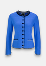 A blue, long-sleeve Strickjacke by Princess Goes Hollywood with dark navy trim on the neckline, placket, pockets, and cuffs. Made from a soft wool-cashmere blend, it features navy buttons and two front pockets on a plain white background.