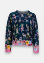 A colorful Strickpullover by Princess Goes Hollywood with whimsical rabbits, deer, and owls among flowers on dark blue. Ribbed pink and white striped cuffs, hem, and collar finish this relaxed fit Merinowolle sweater.