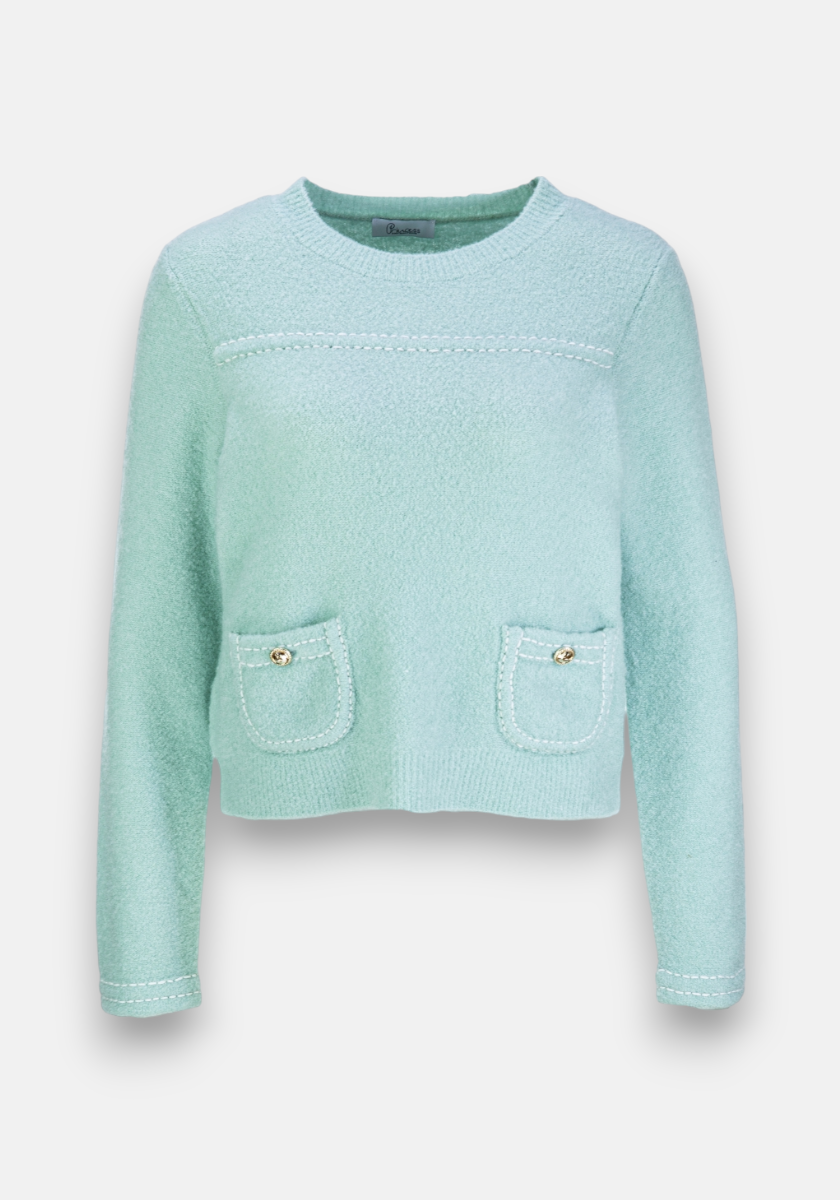 Princess Goes Hollywood light blue Strickpullover with long sleeves and round neckline. Features two front patch pockets with white stitching, gold buttons, and subtle stitching at hem/cuffs. Shown on a plain white background.
