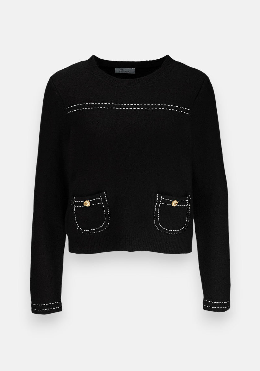 A black Princess Goes Hollywood Strickpullover with white contrast stitching, Rundhalsausschnitt, two front patch pockets with gold buttons, and crafted from a Merino-Kaschmir-Mix for simple yet elegant style.