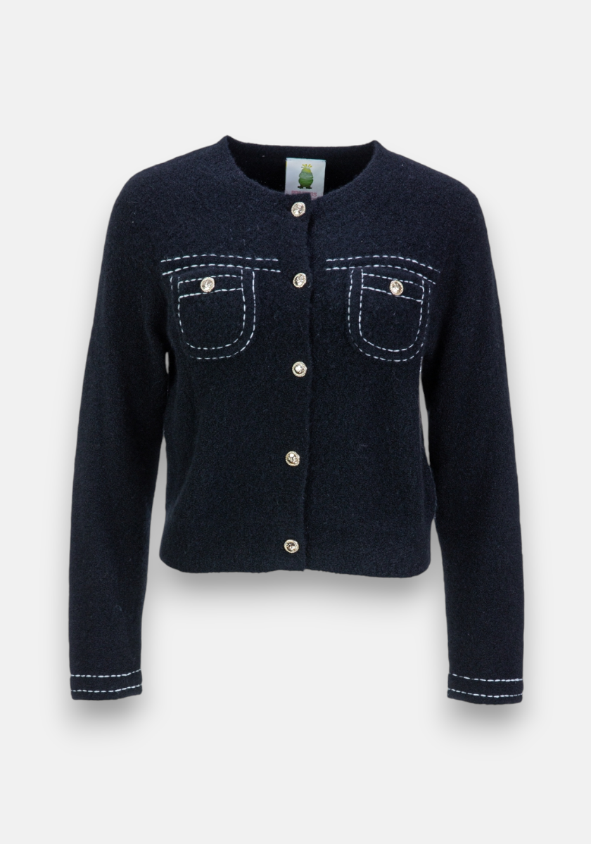 A navy blue, long-sleeve Merino-Kaschmir-Strickjacke by Princess Goes Hollywood with white stitching, four metallic buttons, two chest pockets with button closures, a classic Rundhalsausschnitt, and a plain light gray background.