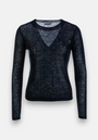 A sheer, long-sleeved black Feinstrickpullover by Princess Goes Hollywood features a Rundhalsausschnitt. Made from a lightweight, see-through Wolle-Kaschmir-Mix fabric with subtle texture, it’s shown on a plain light gray background.