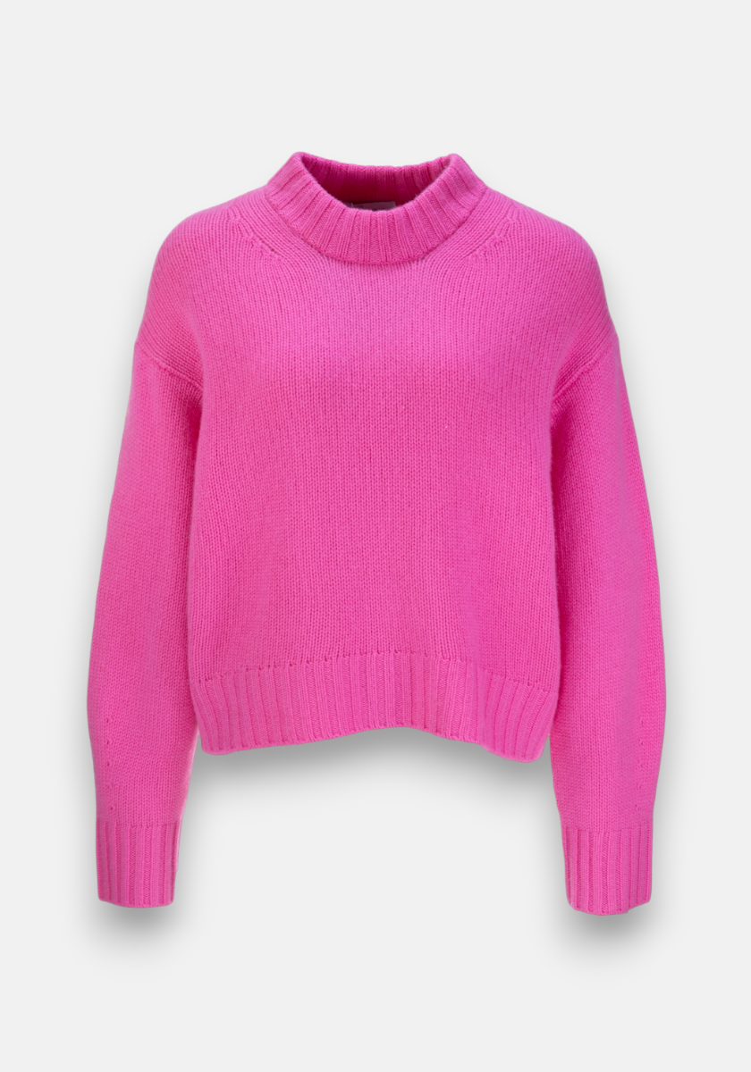 A bright pink Princess Goes Hollywood Damen Kaschmir Pullover with long sleeves, ribbed crew neck, cuffs, and hem. The fit is slightly boxy and cropped for a modern look. Shown on a plain light gray background.
