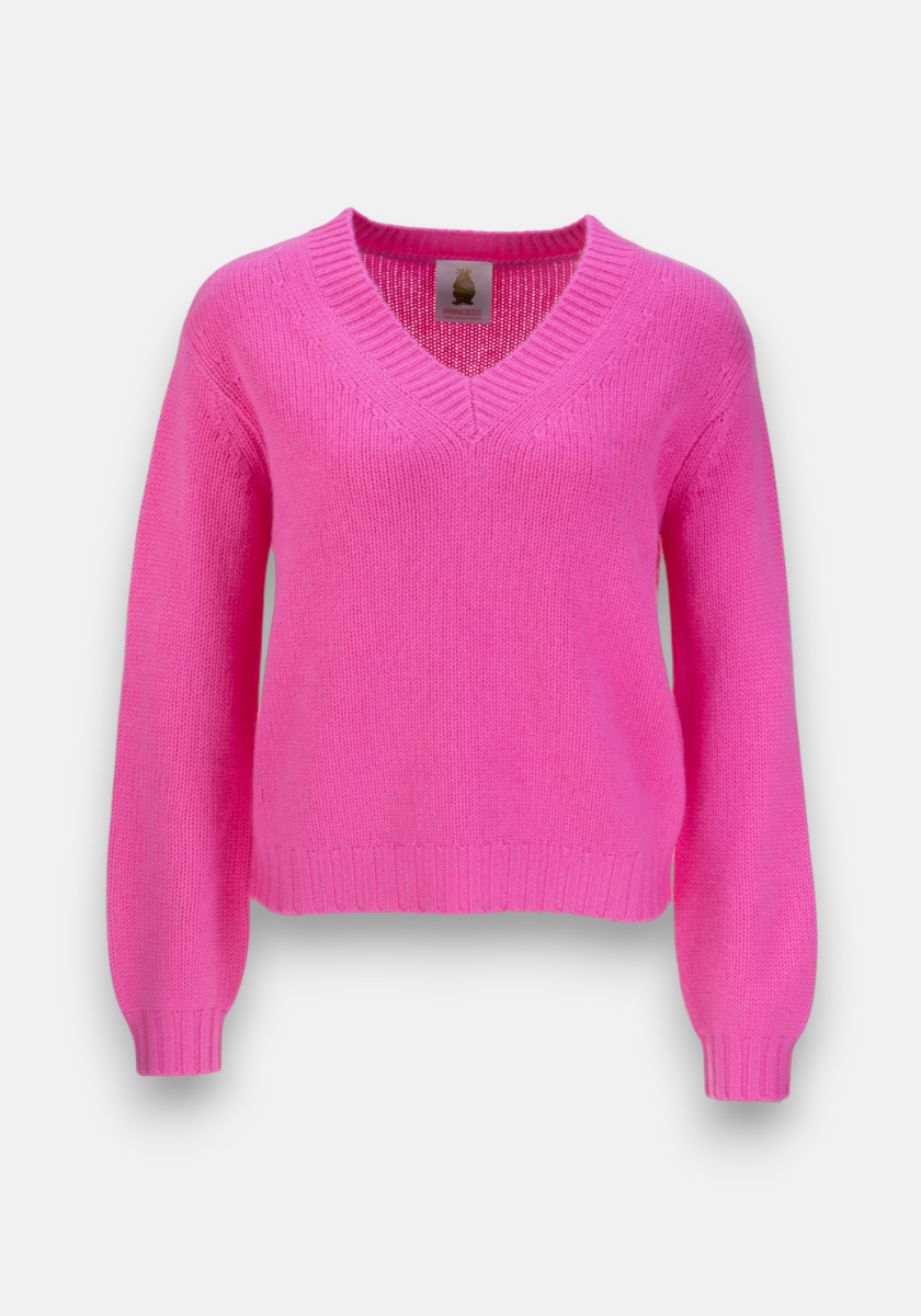 A bright pink Princess Goes Hollywood Kaschmir Pullover for Damen with long sleeves, V-Ausschnitt neckline, and ribbed cuffs and hem, shown on a plain white background with the sweater tag visible at the neck.