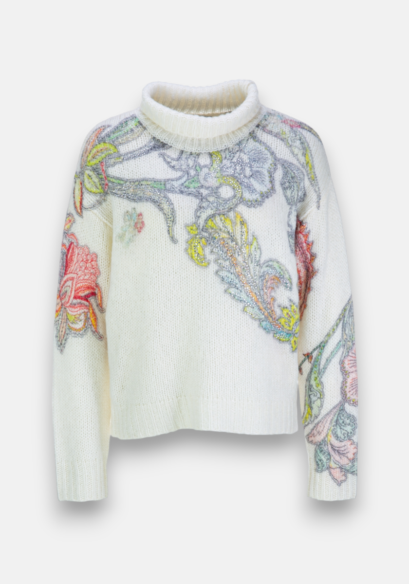 A white Princess Goes Hollywood Wolle-Alpaka-Mix pullover with a ribbed rollneck and cuffs, showcasing vibrant floral and leafy embroidery on the shoulders, sleeves, and front. The relaxed fit delivers effortless style.