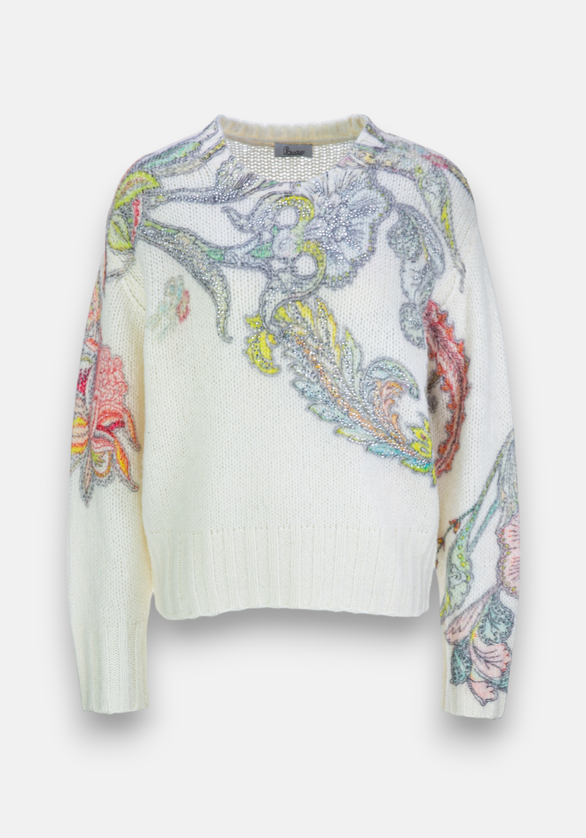 A white Princess Goes Hollywood wool-alpaca mix pullover with a round neckline and ribbed trims, adorned with colorful floral, paisley, and leaf embroidery in pink, green, yellow, and blue on the front and sleeves.