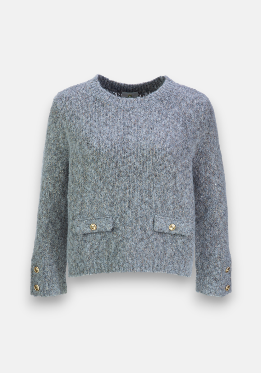 The Princess Goes Hollywood Grobstrickpullover in light gray features long sleeves, a crew neckline, gold button details on two front decorative pockets and lower sleeves, and a textured Alpaka-Wollmix. Soft with a slightly cropped fit.