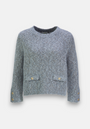 The Princess Goes Hollywood Grobstrickpullover in light gray features long sleeves, a crew neckline, gold button details on two front decorative pockets and lower sleeves, and a textured Alpaka-Wollmix. Soft with a slightly cropped fit.