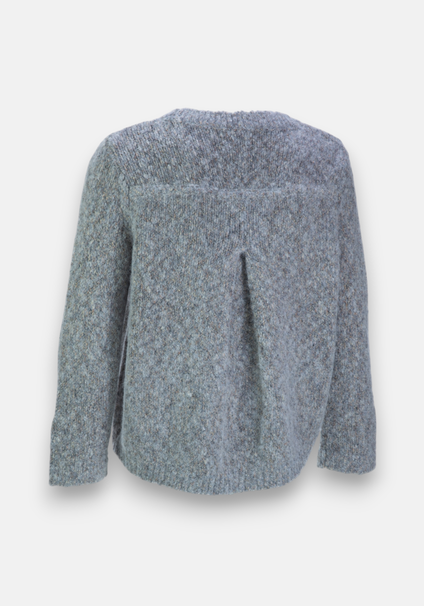 A soft, heather gray Grobstrickpullover from Princess Goes Hollywood shown from the back, featuring long sleeves, a round neckline, and a unique central pleat that flares at the lower back. Made in an Alpaka-Wollmix with cozy light and medium gray tones.