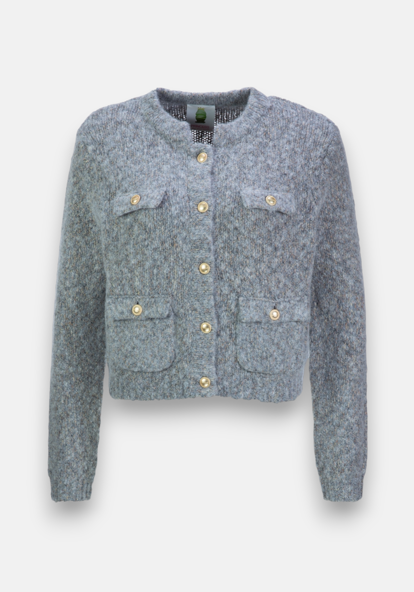 A light blue, long-sleeve Grobstrickjacke by Princess Goes Hollywood features a round neckline, gold buttons, four front pockets with matching buttons, a textured finish, and a cropped, fitted silhouette for modern style.