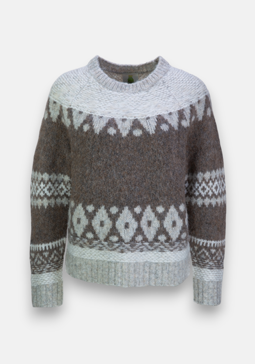 The Princess Goes Hollywood Jacquard pullover features brown and gray tones, long sleeves, a round neck, and a soft wool-alpaca blend. It displays white geometric diamond patterns with ribbed cuffs, collar, and hem. Plain white background.