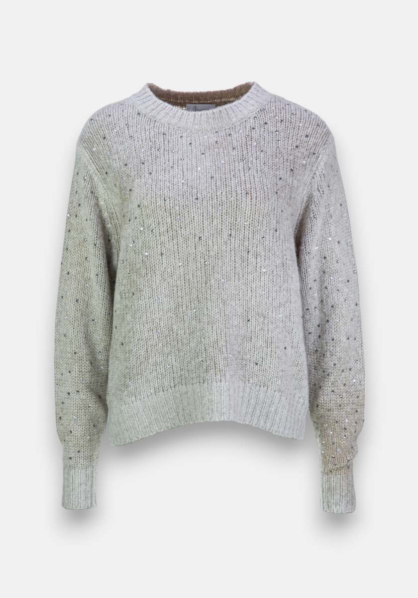 A light gray, long-sleeved Princess Goes Hollywood Merino-Kaschmir-Pullover with ribbed crew neck, cuffs, and hem. Strassverzierung adds shimmer to the subtly speckled white background.