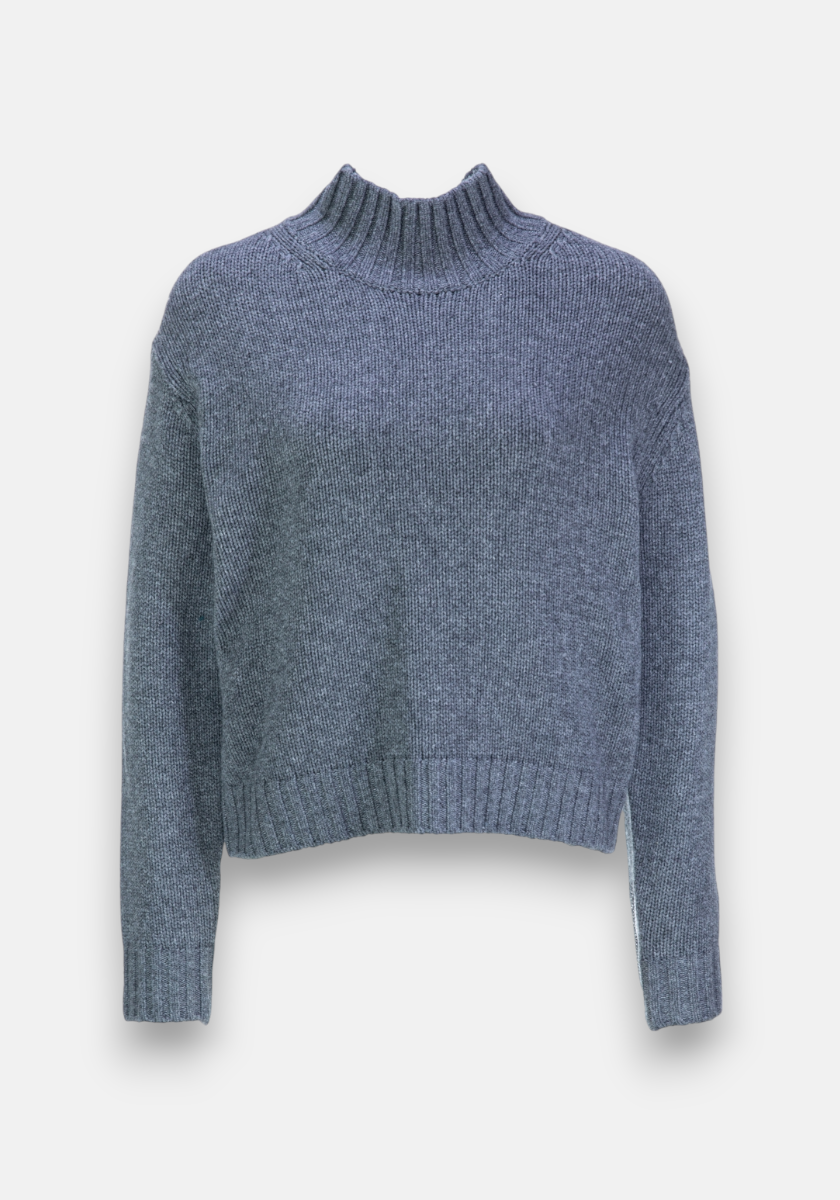 A blue-gray Princess Goes Hollywood wool-cashmere blend pullover with a ribbed mock turtleneck, long sleeves, relaxed boxy fit, and ribbed cuffs and hem, shown against a plain white background.
