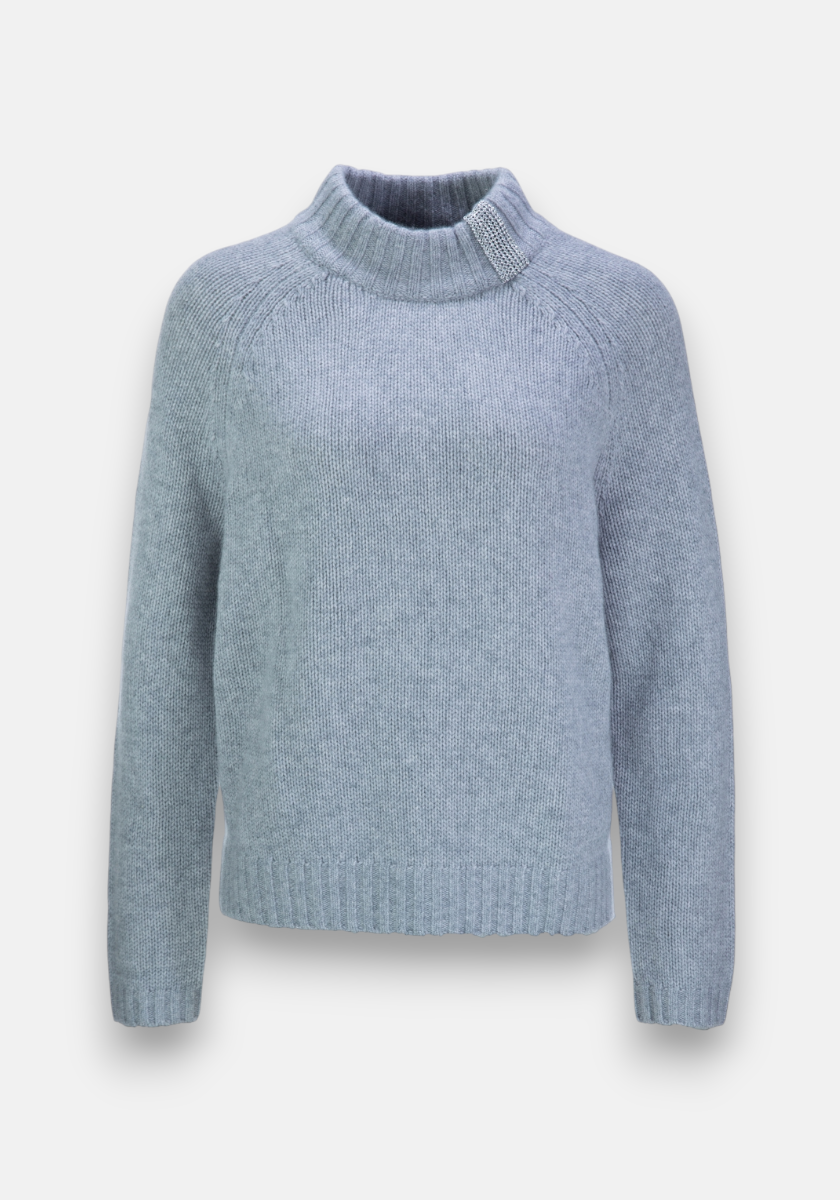 A light blue Princess Goes Hollywood Strickpullover in Wolle-Kaschmir-Mix with long sleeves, ribbed Stehkragen, cuffs and hem. It offers a relaxed fit and soft texture, shown against a plain white background.